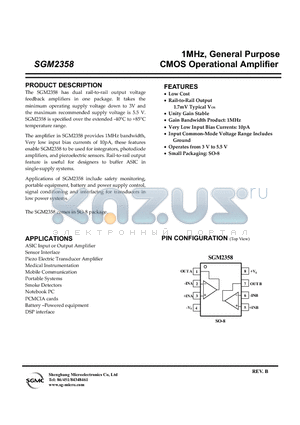 SGM2358YS/TR datasheet - 1MHz, General Purpose CMOS Operational Amplifier