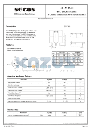 SGM2501 datasheet - P-Channel Enhancement Mode Power Mos.FET