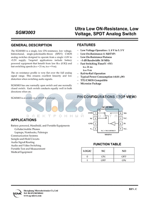 SGM3003 datasheet - Ultra Low ON-Resistance, Low Voltage, SPDT Analog Switch