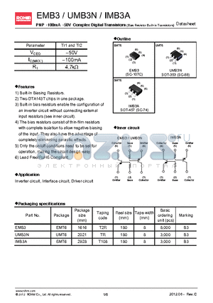 UMB3N datasheet - PNP -100mA -50V Complex Digital Transistors