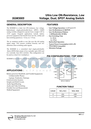 SGM3005 datasheet - Ultra Low ON-Resistance, Low Voltage, Dual, SPDT Analog Switch