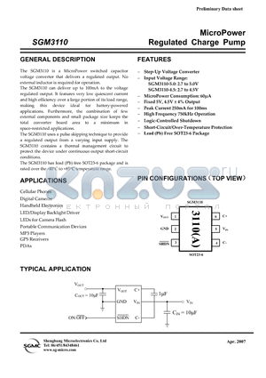 SGM3110 datasheet - MicroPower Regulated Charge Pump