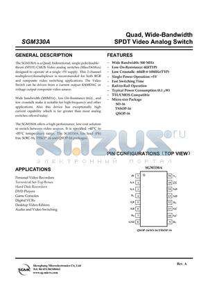 SGM330A-YS/TR datasheet - Quad, Wide-Bandwidth SPDT Video Analog Switch