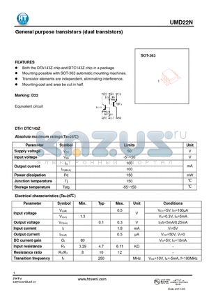 UMD22N datasheet - General purpose transistors (dual transistors)