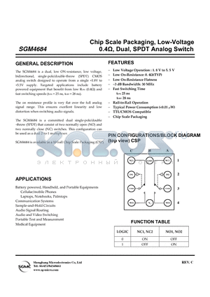 SGM4684XG/TR datasheet - Chip Scale Packaging, Low-Voltage 0.4Y, Dual, SPDT Analog Switch