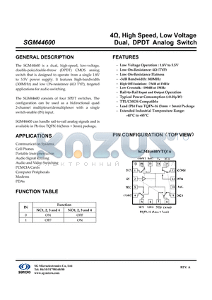 SGM44600 datasheet - 4Y, High Speed, Low Voltage Dual, DPDT Analog Switch