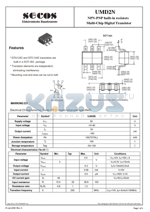 UMD2N datasheet - NPN-PNP built-in re sistors Multi-Chip Digital Transistor