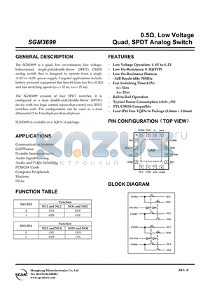 SGM3699 datasheet - 0.5Y, Low Voltage Quad, SPDT Analog Switch