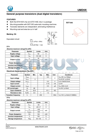 UMD5N datasheet - General pur p ose transistors (dual digital transistors)