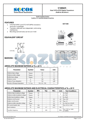 UMD6N datasheet - Dual NPNPNP Digital Transistors