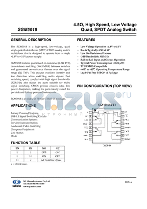 SGM5018YTS datasheet - 4.5Y, High Speed, Low Voltage Quad, SPDT Analog Switch