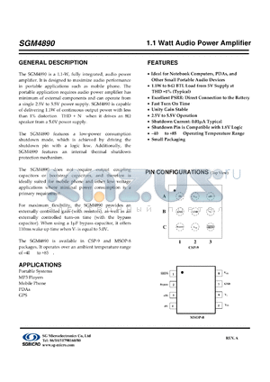 SGM4890YG/TR datasheet - 1.1 Watt Audio Power Amplifier