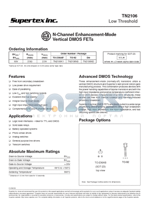 TN2106K1 datasheet - N-Channel Enhancement-Mode Vertical DMOS FETs