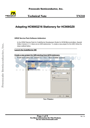 TN210 datasheet - Adapting HC 908GZ16 Stationery for HC908GZ8