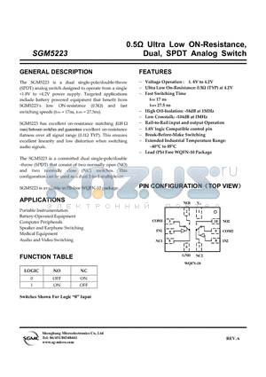 SGM5223 datasheet - 0.5Y Ultra Low ON-Resistance, Dual, SPDT Analog Switch