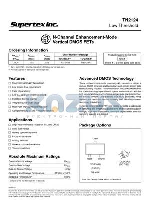 TN2124K1 datasheet - N-Channel Enhancement-Mode Vertical DMOS FETs