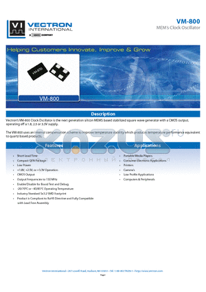 VM-800 datasheet - MEMs Clock Oscillator