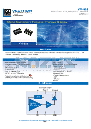 VM-802 datasheet - MEMS based HCSL, LVDS, LVPECL Oscillator