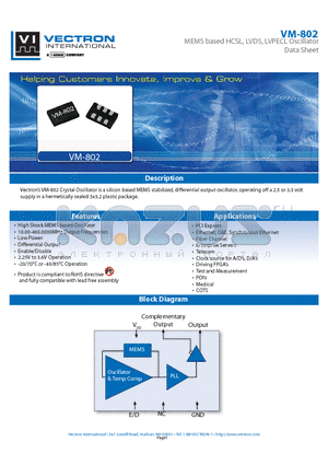 VM-802-FCE-KAAN datasheet - MEMS based HCSL, LVDS, LVPECL Oscillator