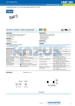UMF250 datasheet - IEC 60127-4 g 250 VAC g 125 VDC g Quick-Acting F