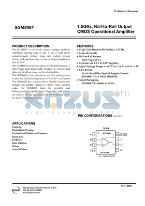 SGM8067 datasheet - 1.5GHz, Rail-to-Rail Output CMOS Operational Amplifier