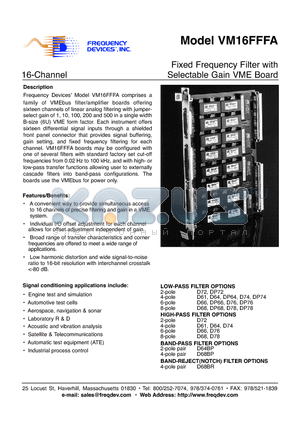 VM16FFFA datasheet - Fixed Frequency Filter with Selectable Gain VME Board