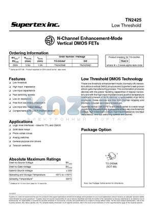 TN2425 datasheet - N-Channel Enhancement-Mode Vertical DMOS FETs