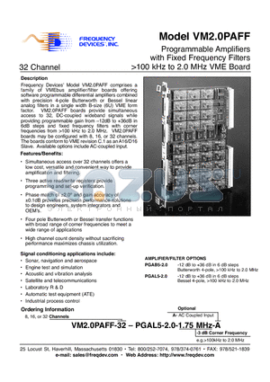 VM2.0PAFF datasheet - Programmable Amplifiers with Fixed Frequency Filters >100 kHz to 2.0 MHz VME Board