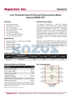 TN2425TG datasheet - Low Threshold Dual N-Channel Enhancement-Mode