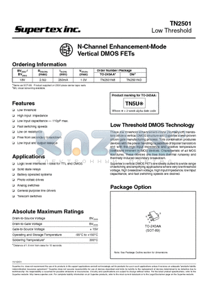 TN2501 datasheet - N-Channel Enhancement-Mode Vertical DMOS FETs