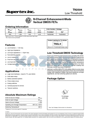 TN2504 datasheet - N-Channel Enhancement-Mode Vertical DMOS FETs