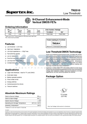 TN2510N8 datasheet - N-Channel Enhancement-Mode Vertical DMOS FETs