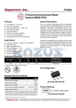 TN2520N8-G datasheet - P-Channel Enhancement Mode Vertical DMOS FETs