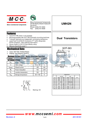UMH2N_11 datasheet - Dual Transistors