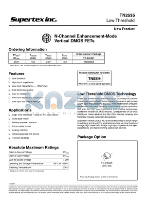 TN2535N8 datasheet - N-Channel Enhancement-Mode Vertical DMOS FETs