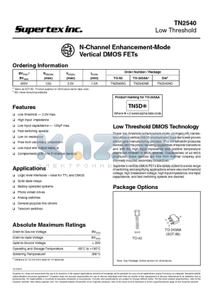 TN2540 datasheet - N-Channel Enhancement-Mode Vertical DMOS FETs