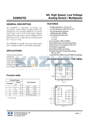 SGM84782YTS/TR datasheet - 4Y, High Speed, Low Voltage Analog Switch / Multiplexer