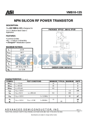 VMB10-12S datasheet - NPN SILICON RF POWER TRANSISTOR