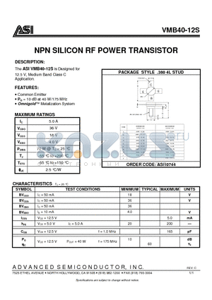 VMB40-12S datasheet - NPN SILICON RF POWER TRANSISTOR