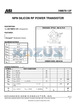 VMB70-12F datasheet - NPN SILICON RF POWER TRANSISTOR