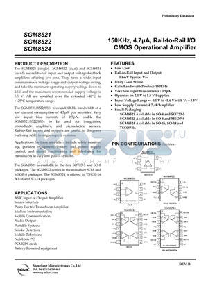 SGM8522 datasheet - 150KHz, 4.7lA, Rail-to-Rail I/O CMOS Operational Amplifier