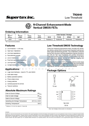 TN2640LG datasheet - N-Channel Enhancement-Mode Vertical DMOS FETs