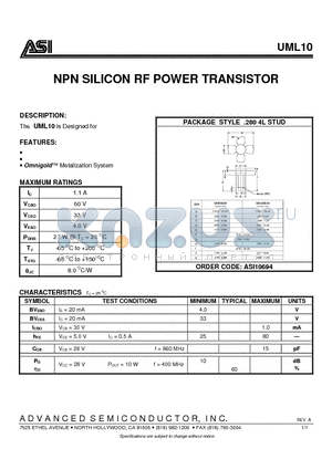 UML10 datasheet - NPN SILICON RF POWER TRANSISTOR