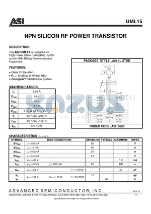 UML15 datasheet - NPN SILICON RF POWER TRANSISTOR