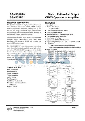 SGM8651XN5/TR datasheet - 50MHz, Rail-to-Rail Output CMOS Operational Amplifier