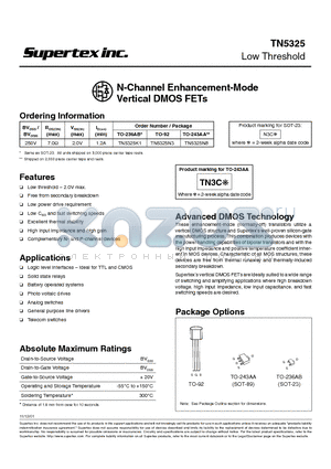 TN5325 datasheet - N-Channel Enhancement-Mode Vertical DMOS FETs