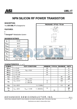UML1T datasheet - NPN SILICON RF POWER TRANSISTOR