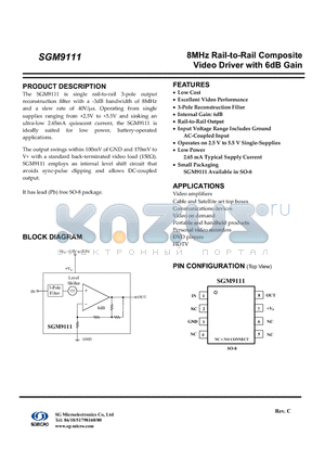 SGM9111YS/TR datasheet - 8MHz Rail-to-Rail Composite Video Driver with 6dB Gain