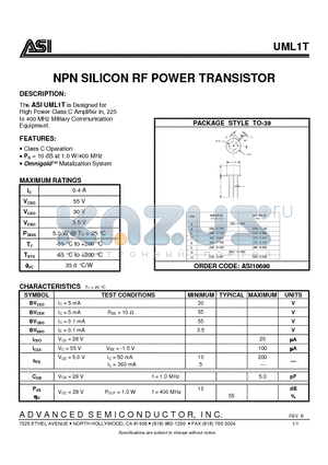 UML1T datasheet - NPN SILICON RF POWER TRANSISTOR