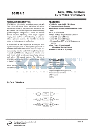 SGM9115ZS datasheet - Triple, 9MHz, 3rd Order SDTV Video Filter Drivers